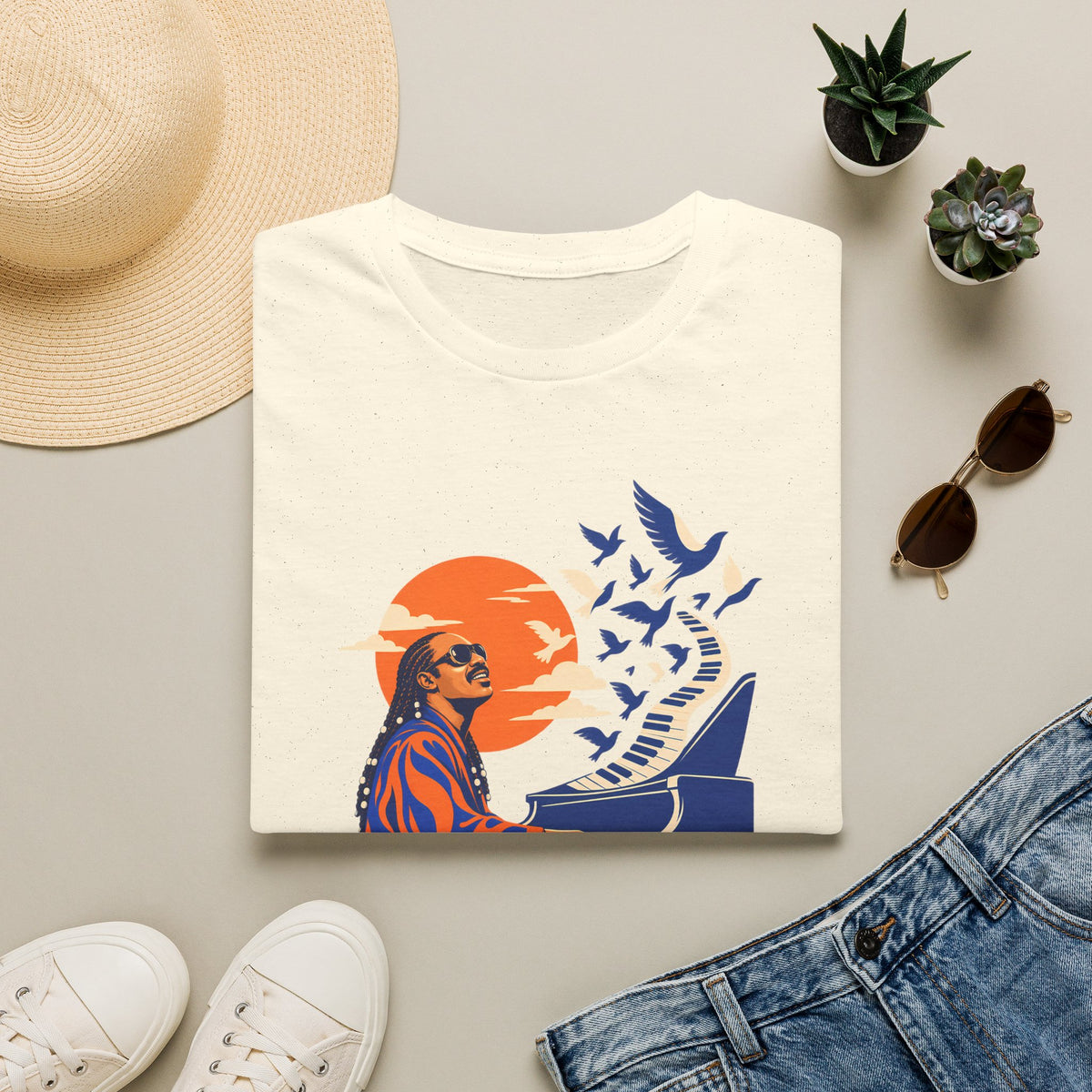 Stevie Wonder Piano Retro Tee - Vintage Sunset Music Legend T-Shirt