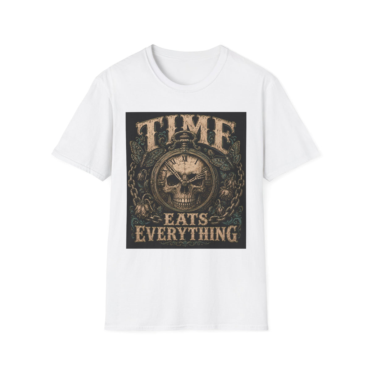 TIME Eats Everything T-Shirt — Vintage Clock & Skull Graphic Tee