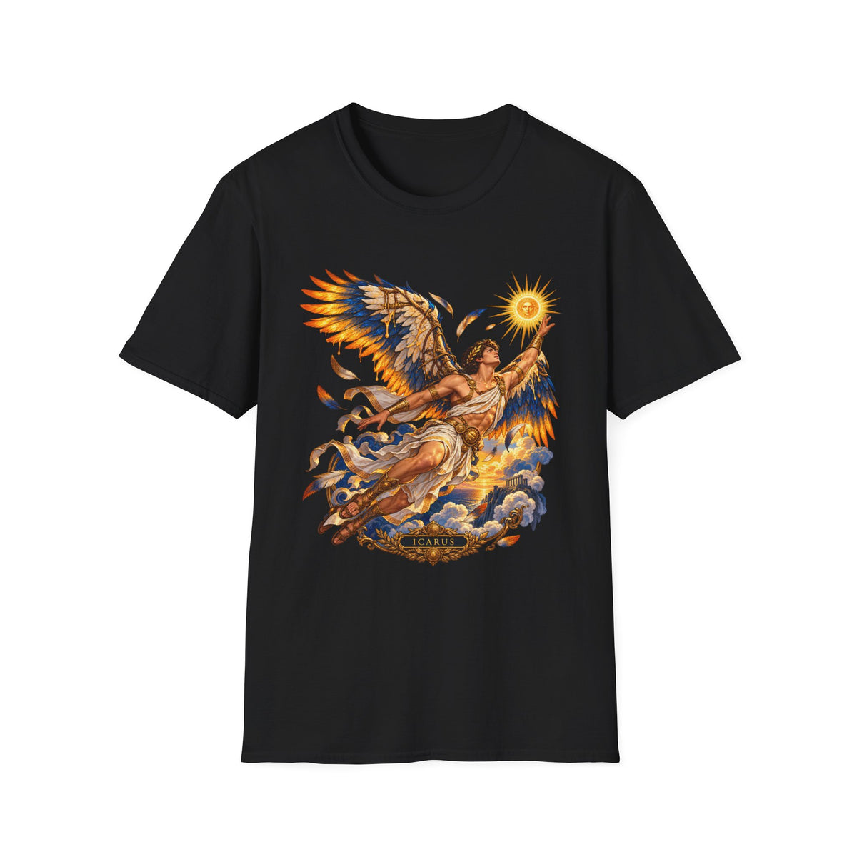 Icarus Greek Mythology T-Shirt, Feather Wings and Golden Sun Art