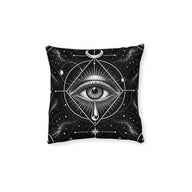 Cushion artwork: A finely drawn eye radiates light from the centre of overlapping circles and triangles, with a teardrop suspended below.