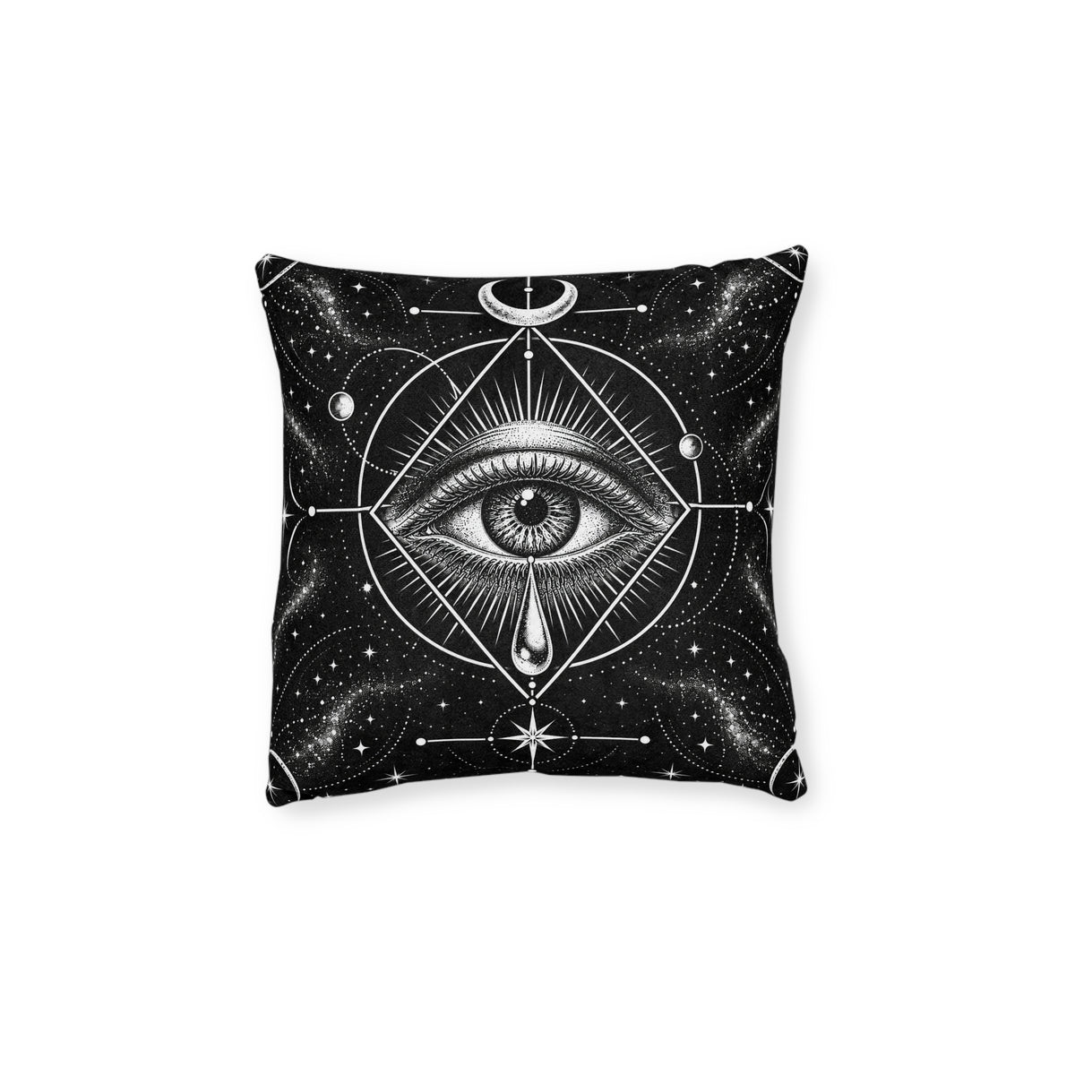 Cushion artwork: A finely drawn eye radiates light from the centre of overlapping circles and triangles, with a teardrop suspended below.