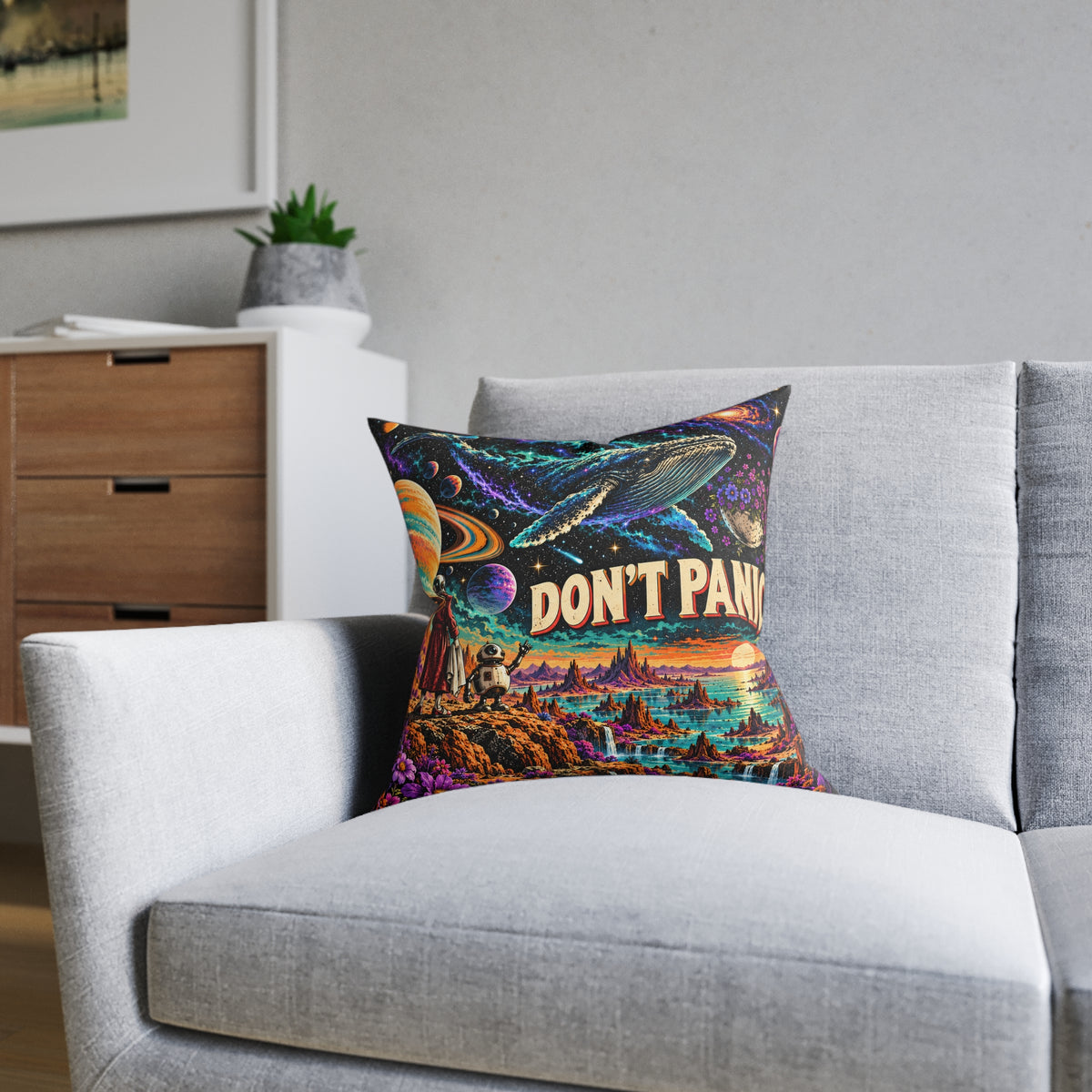 Don't Panic Sci Fi Space Whale Cushion | Decorative Sofa Pillow
