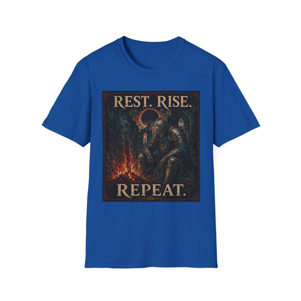 Rest. Rise. Repeat. T‑Shirt — Dark Souls Fantasy Knight Graphic Tee