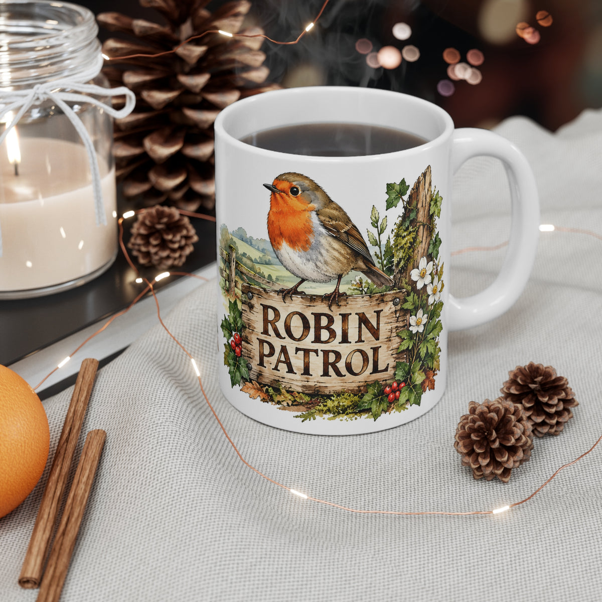 Robin Patrol Mug | Rustic Robin & Woodland Bird Watcher Coffee Cup (11oz)