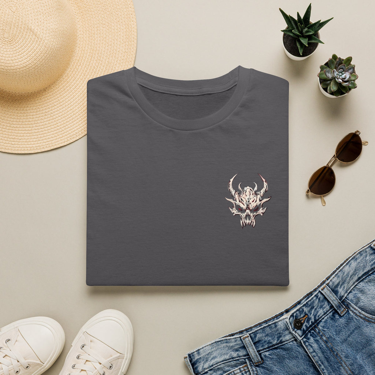 demon skull graphic t shirt, product image showing the garment or product detail.