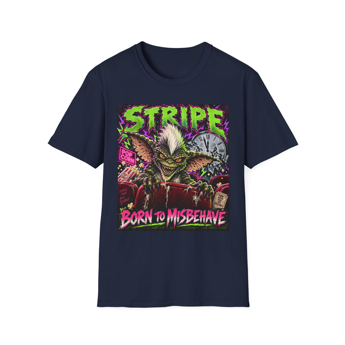 Stripe Gremlin T‑Shirt — 'Born to Misbehave' Retro Horror Graphic Tee