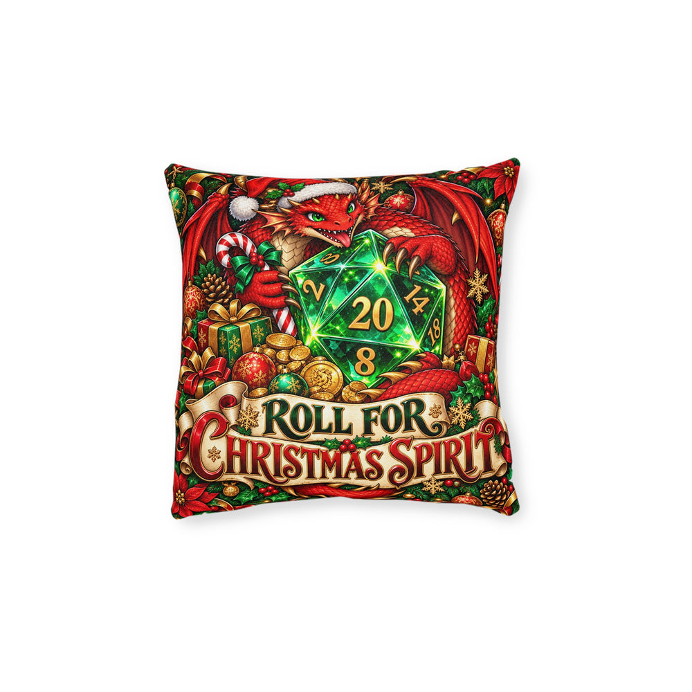 Cushion artwork: A red dragon in festive headwear guards an oversized green gaming die among presents, candy canes and Christmas greenery.