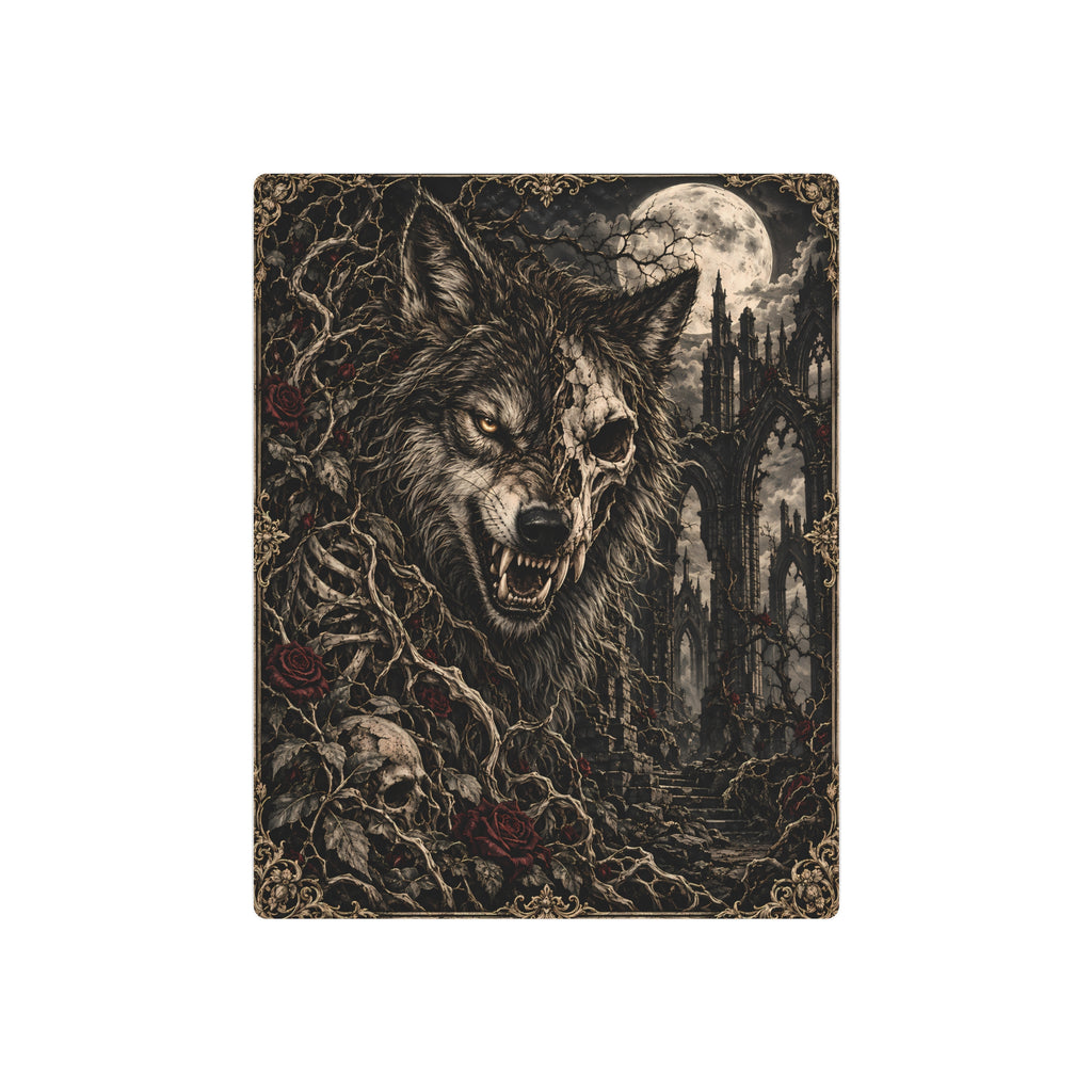Wolf Metal Art Sign | Gothic Moonlit Wolf with Ruins & Roses Wall Art