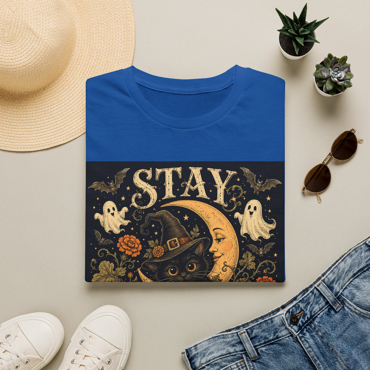 Halloween 'Stay Bewitched' T‑Shirt — Vintage Moon, Black Cat & Pumpkin Design