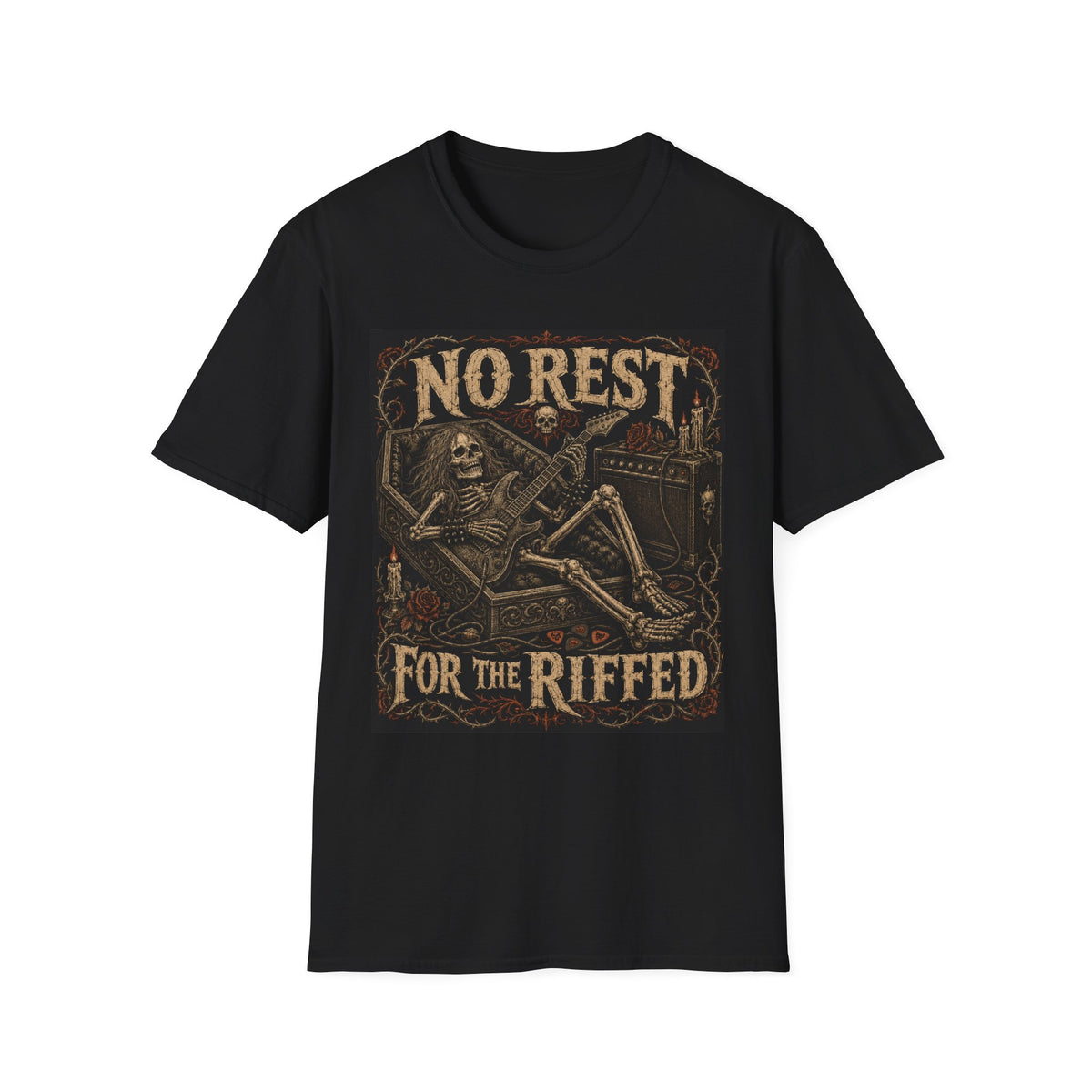 Black T-shirt with No Rest for the Riffed text and guitar-playing skeleton, front view.