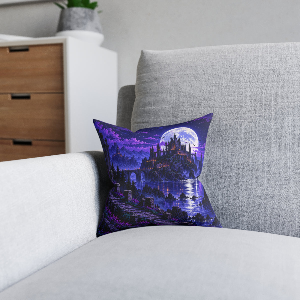 Moonlit Castle Pixel Art Gothic Fantasy Cushion | Decorative Sofa Pillow