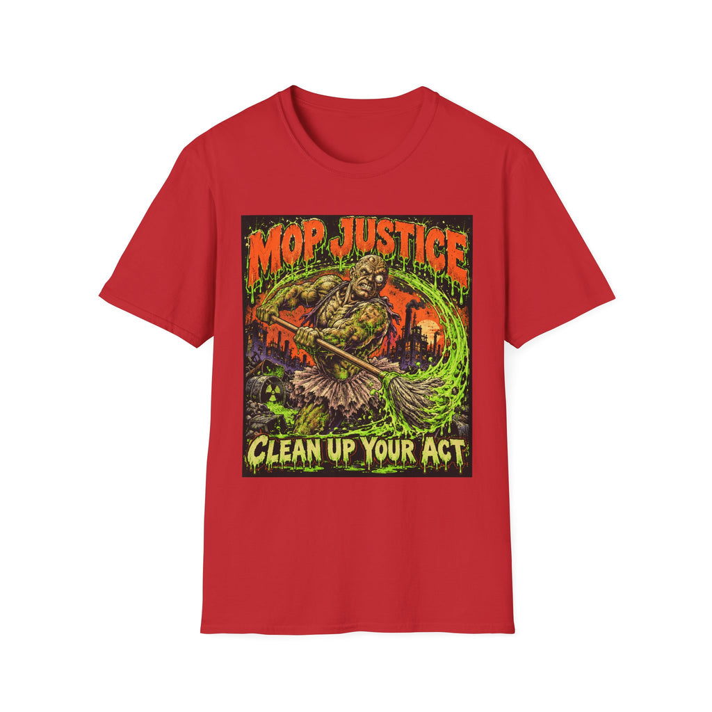 Mop Justice T-Shirt — Retro Horror Cleanup Graphic Tee ("Clean Up Your Act")