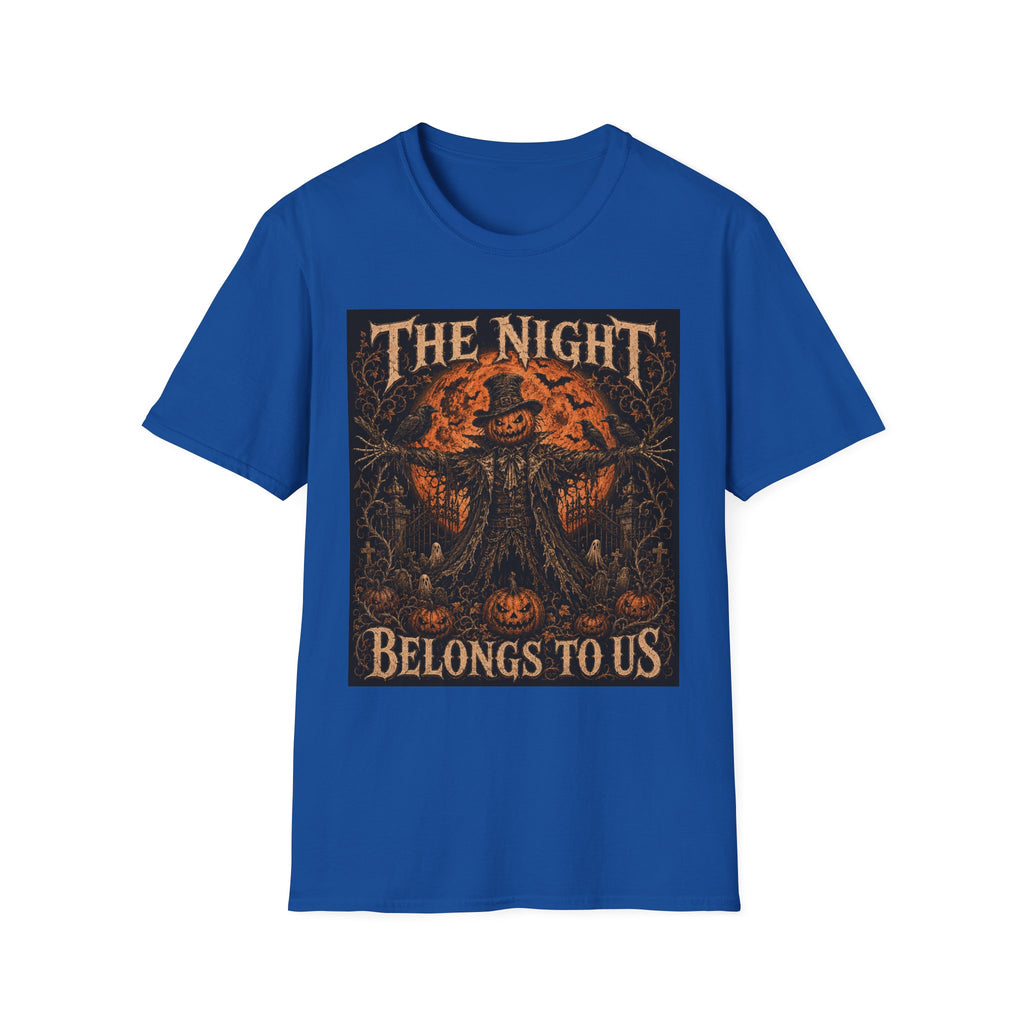 Halloween Scarecrow T-Shirt — "The Night Belongs To" Spooky Pumpkin Graphic