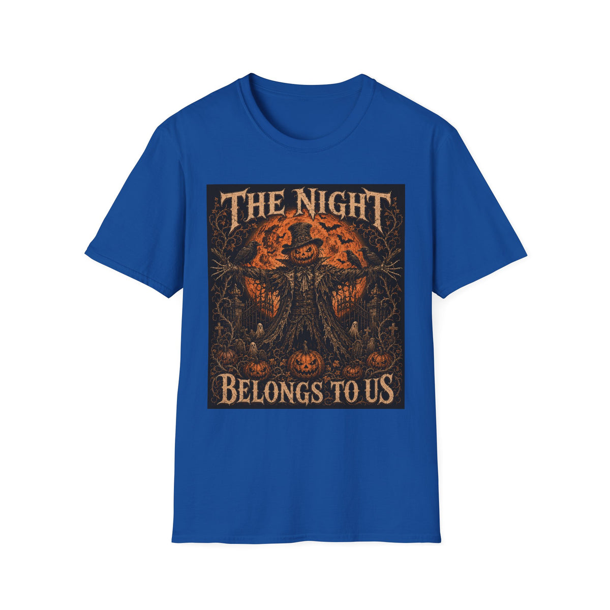 Halloween Scarecrow T-Shirt — "The Night Belongs To" Spooky Pumpkin Graphic