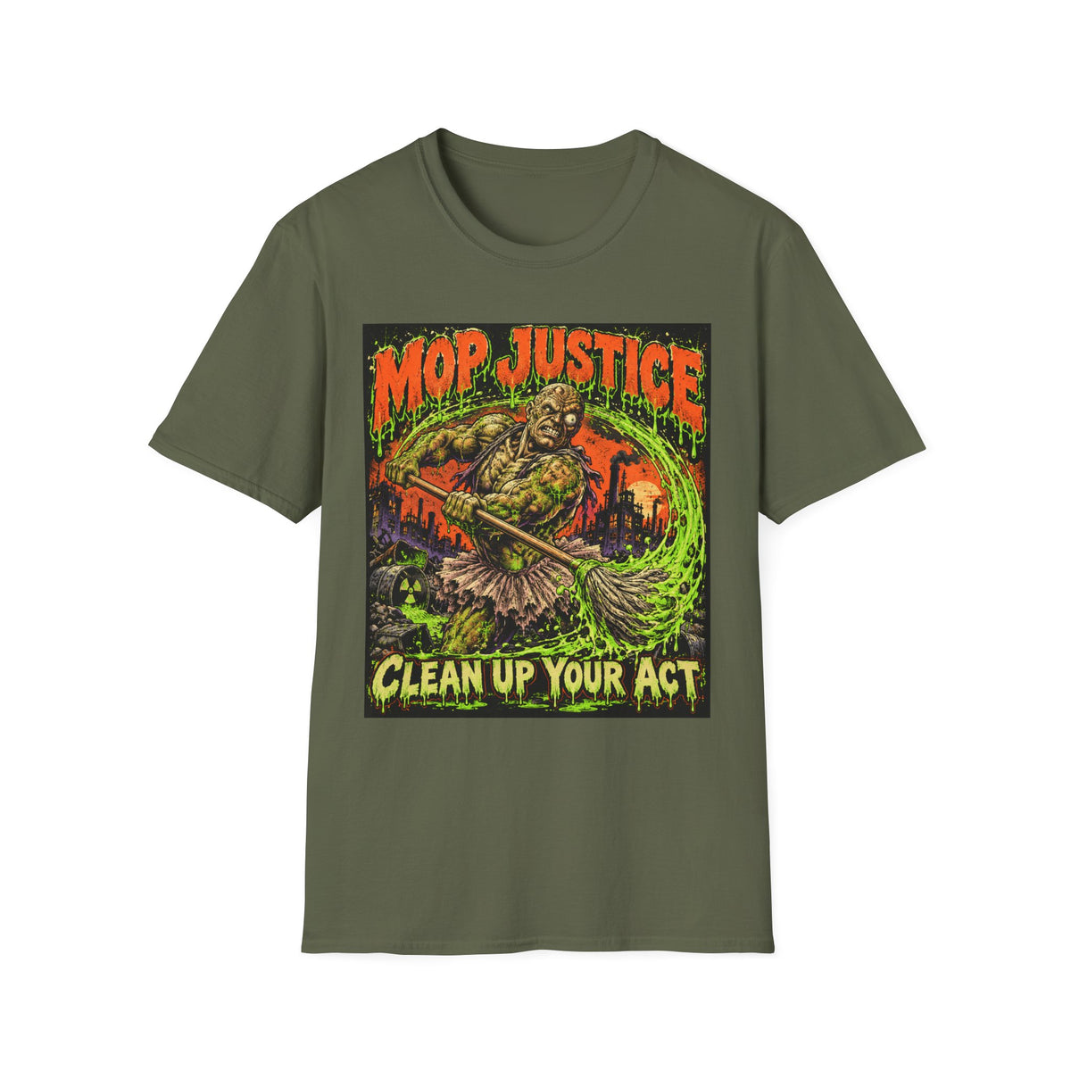 Mop Justice T-Shirt — Retro Horror Cleanup Graphic Tee ("Clean Up Your Act")