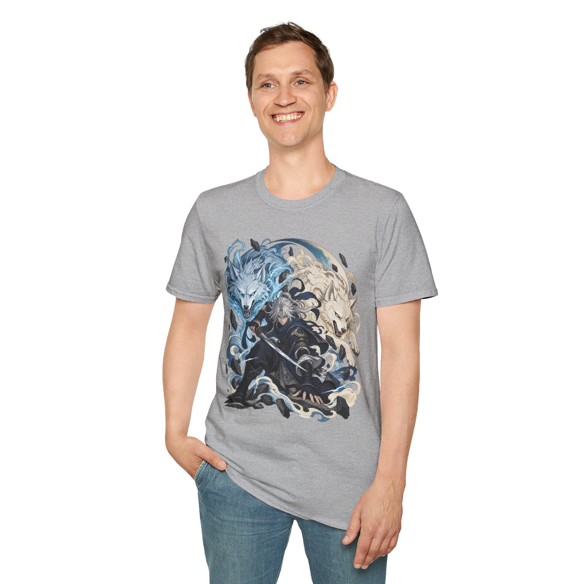 Wolf Spirit T-Shirt | Japanese Samurai | Yin Yang Blue & White Wolves Graphic Tee