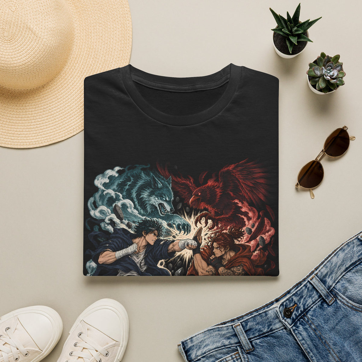 Yin Yang | Wolf Demon vs Phoenix | Japanese Anime Ninja T Shirt
