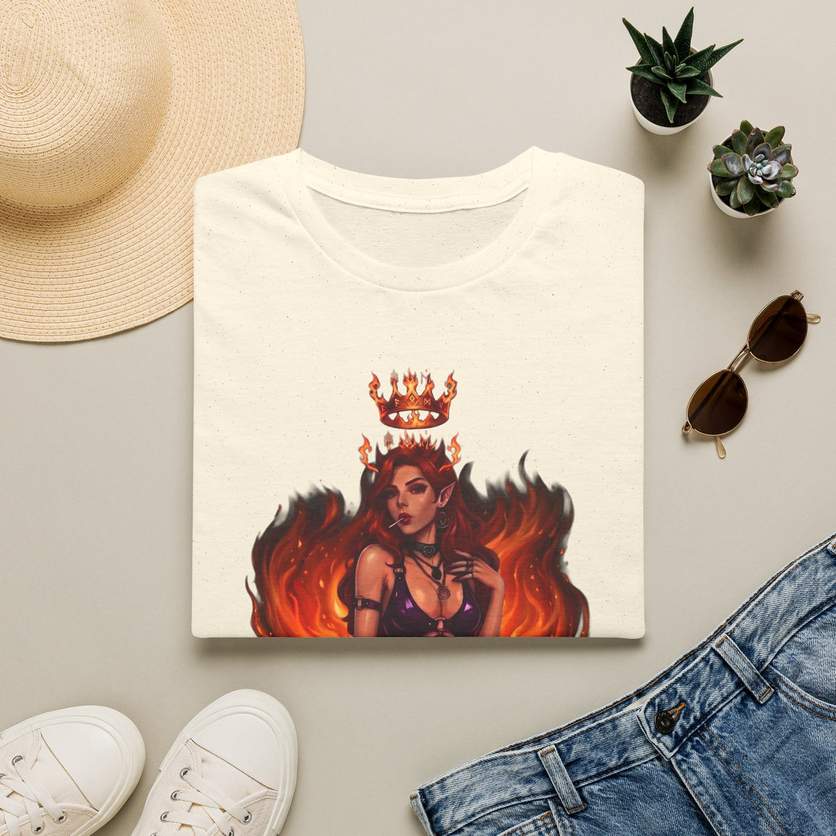 Flaming Witch Queen Graphic T-Shirt - Fire Witch Illustration Tee