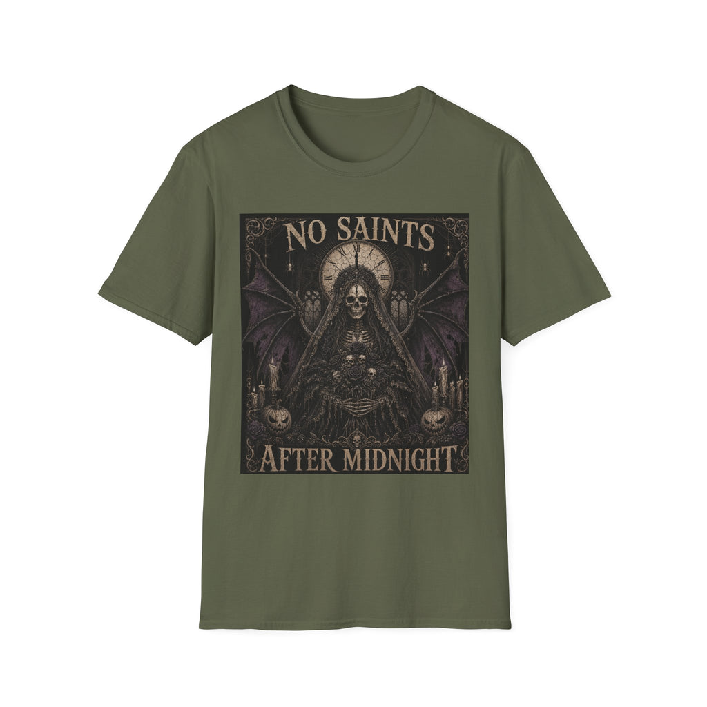No Saints Graphic T-Shirt — Gothic Skull Clock Design