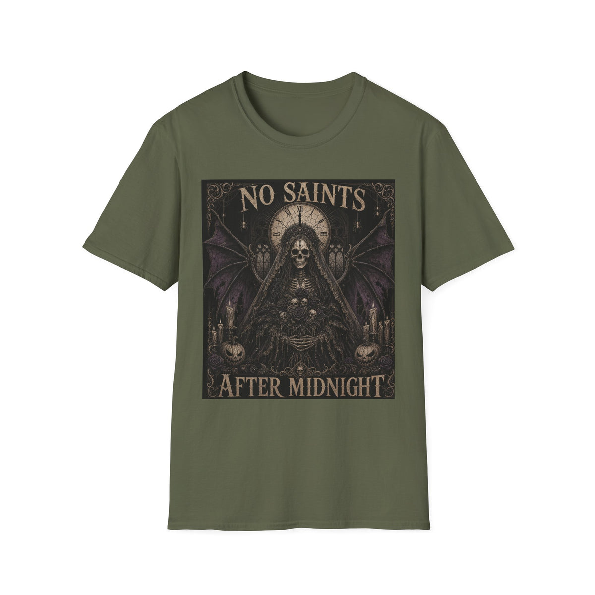No Saints Graphic T-Shirt — Gothic Skull Clock Design