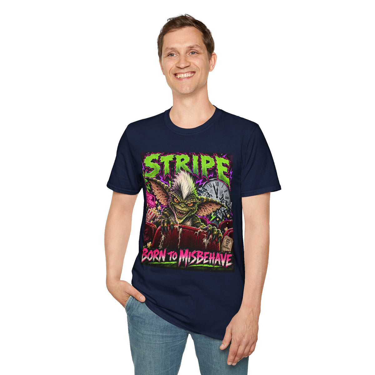 Stripe Gremlin T‑Shirt — 'Born to Misbehave' Retro Horror Graphic Tee