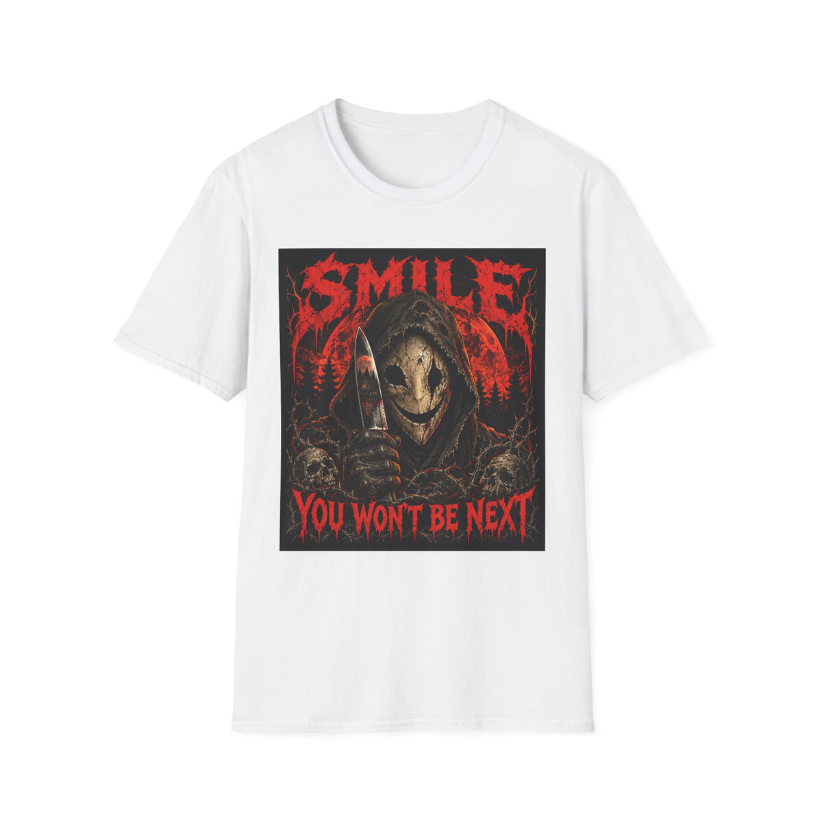 Horror Graphic T-Shirt — "SMILE You Won't Be Next" Creepy Reaper Design