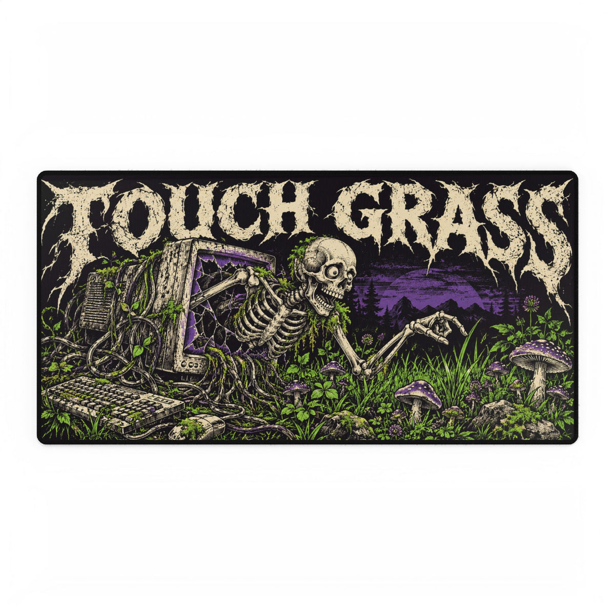 Touch Grass Skeleton | Gothic Gaming Mousepad with Skeletal, Mushroom Artwork