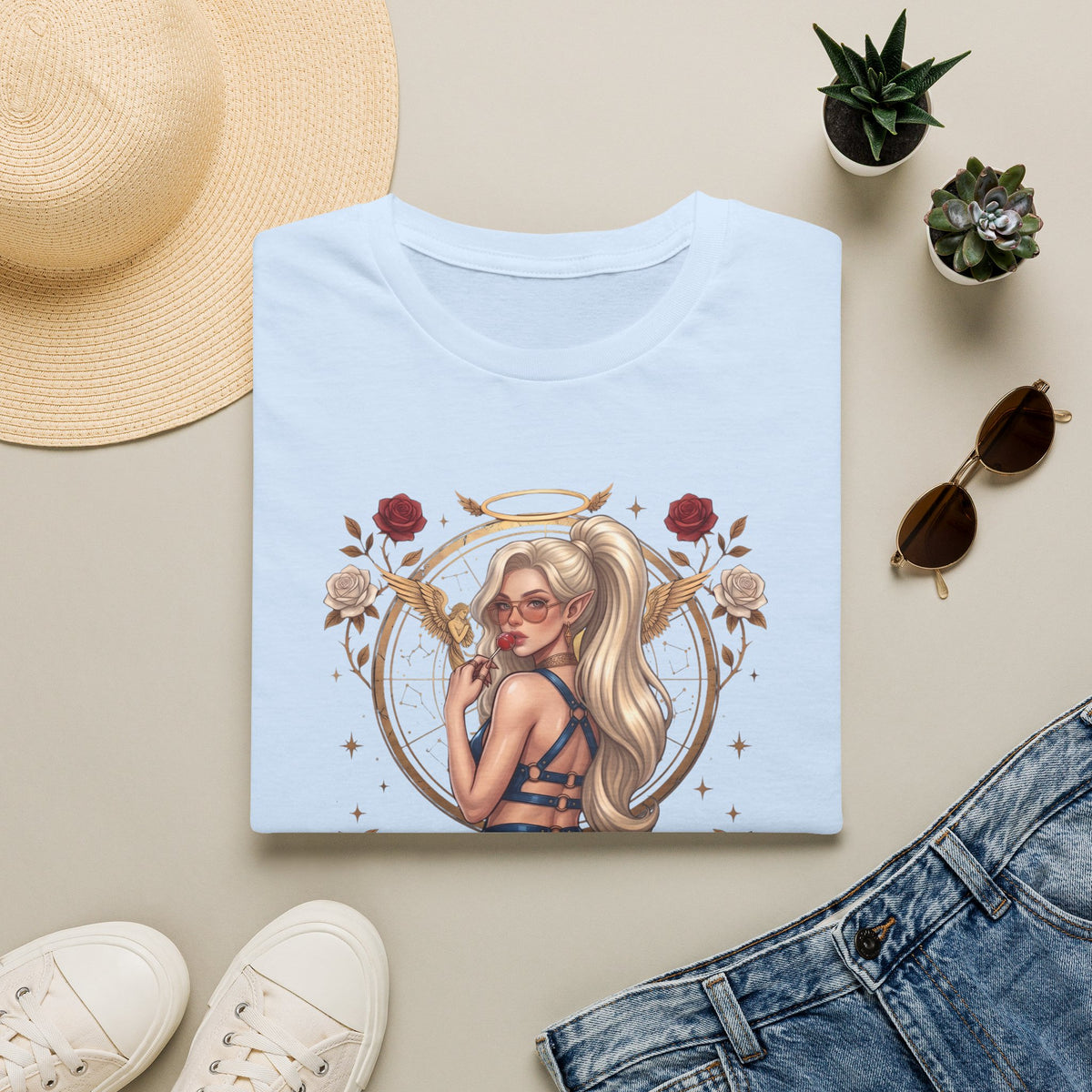 Sexy Angel Blonde Pin-Up Girl T Shirt - Rose Halo Graphic T-Shirt