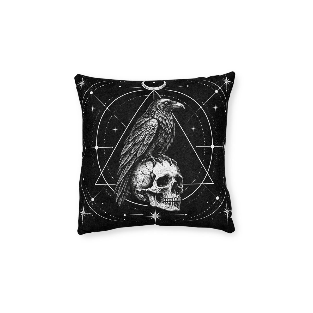 Cushion artwork: A raven perches on a human skull beneath a crescent moon, with overlapping circles and a triangular frame surrounding the pair.
