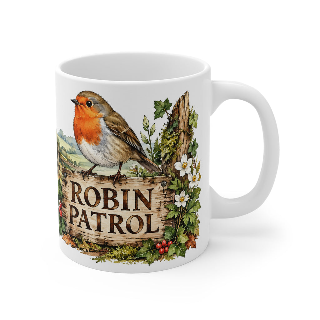 Robin Patrol Mug | Rustic Robin & Woodland Bird Watcher Coffee Cup (11oz)