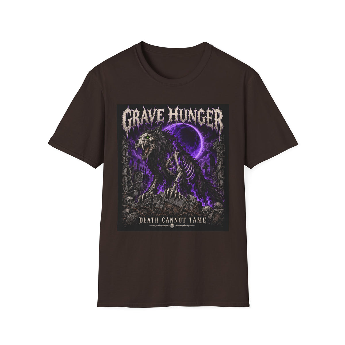 Grave Hunger Gothic Band Tee — Purple Reaper Graphic T-Shirt