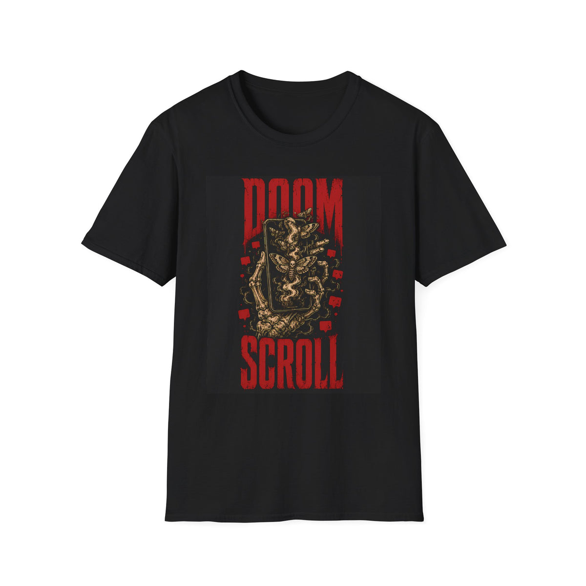 Black T-shirt with red Doom Scroll text with an ornate demon graphic, front view.
