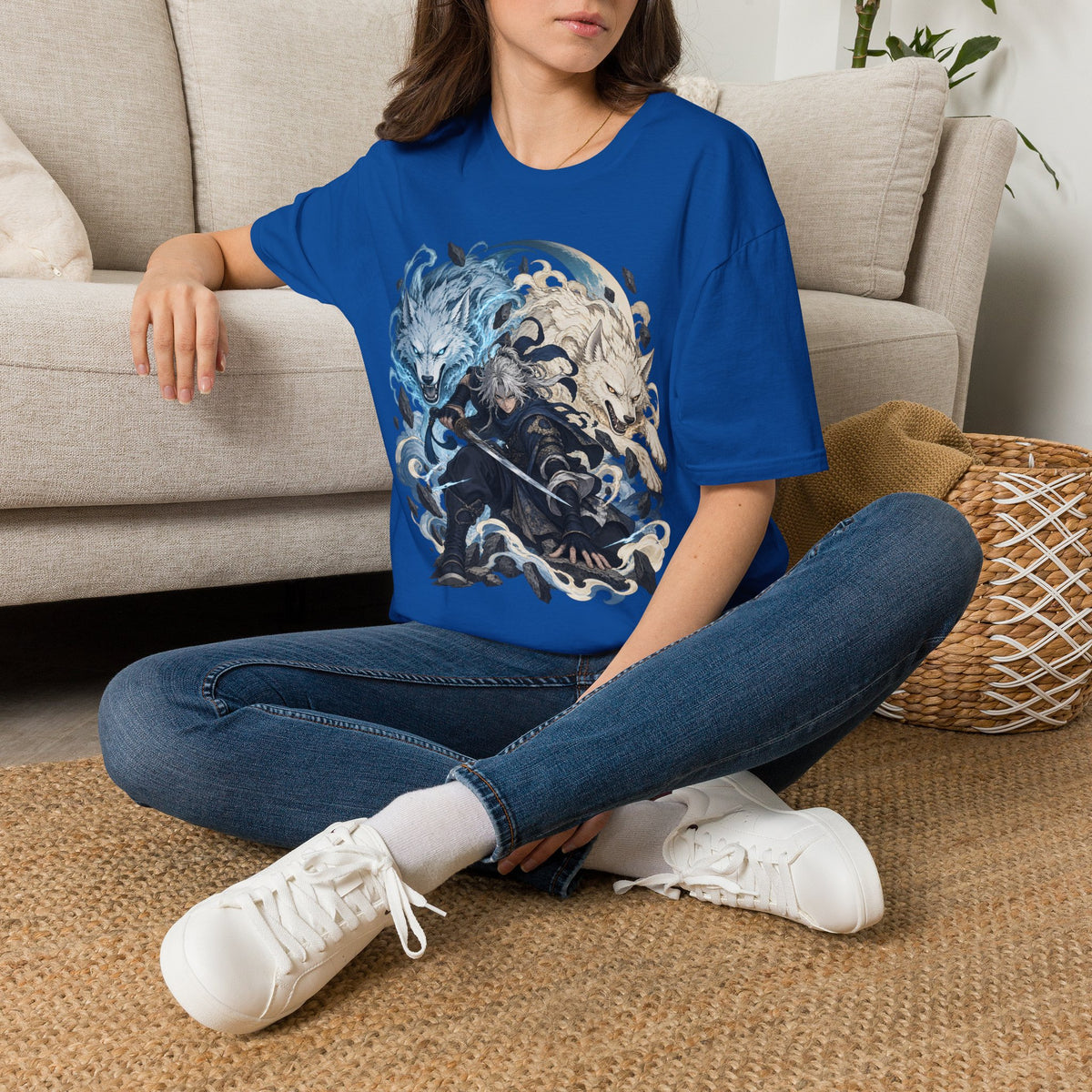 Wolf Spirit T-Shirt | Japanese Samurai | Yin Yang Blue & White Wolves Graphic Tee