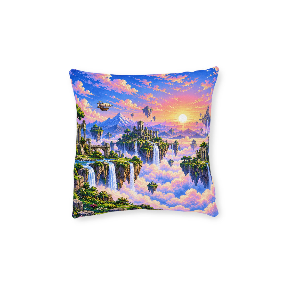 Cushion artwork: Floating islands carry small castles and green terraces above a sea of pastel clouds, with waterfalls spilling from their rocky edges.