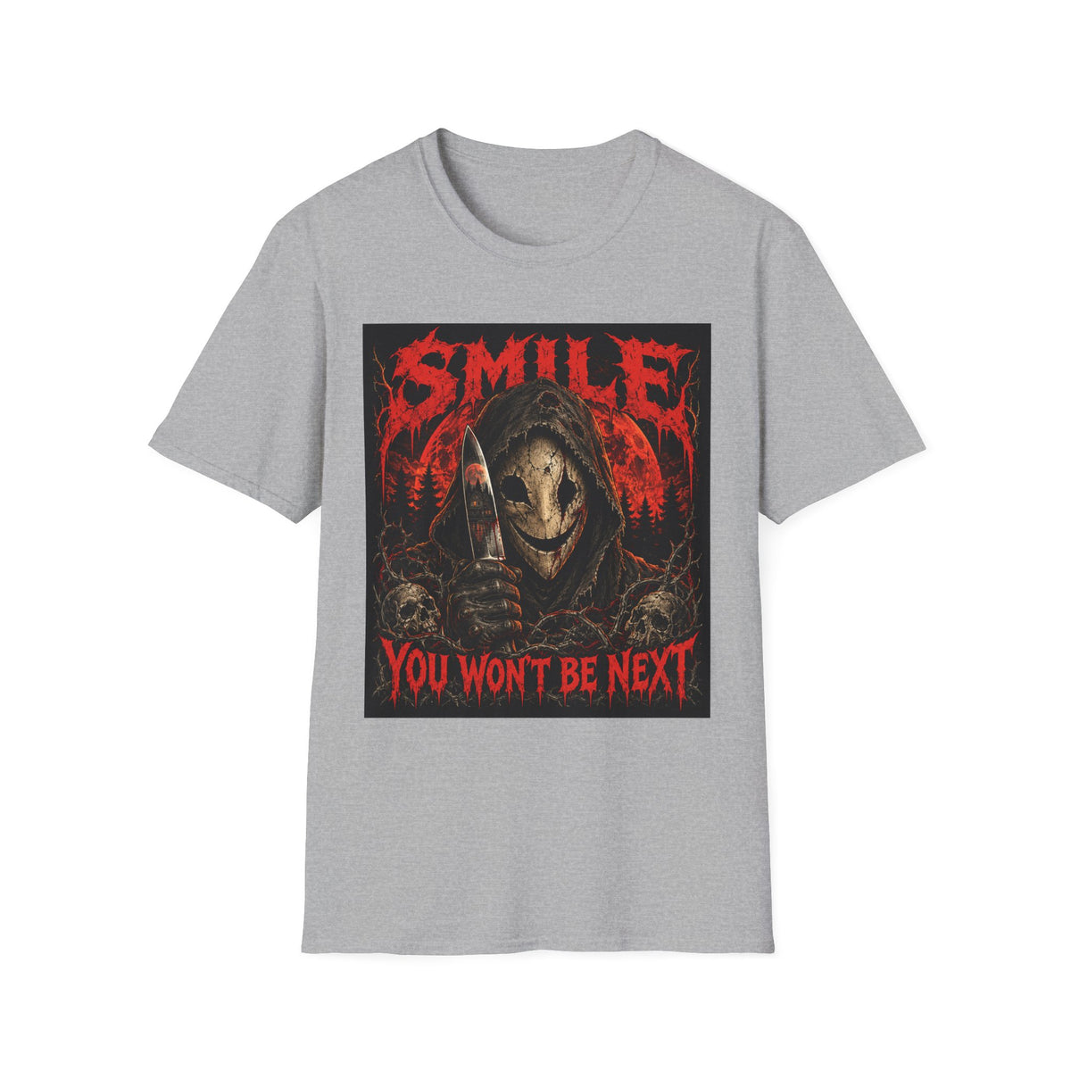 Horror Graphic T-Shirt — "SMILE You Won't Be Next" Creepy Reaper Design
