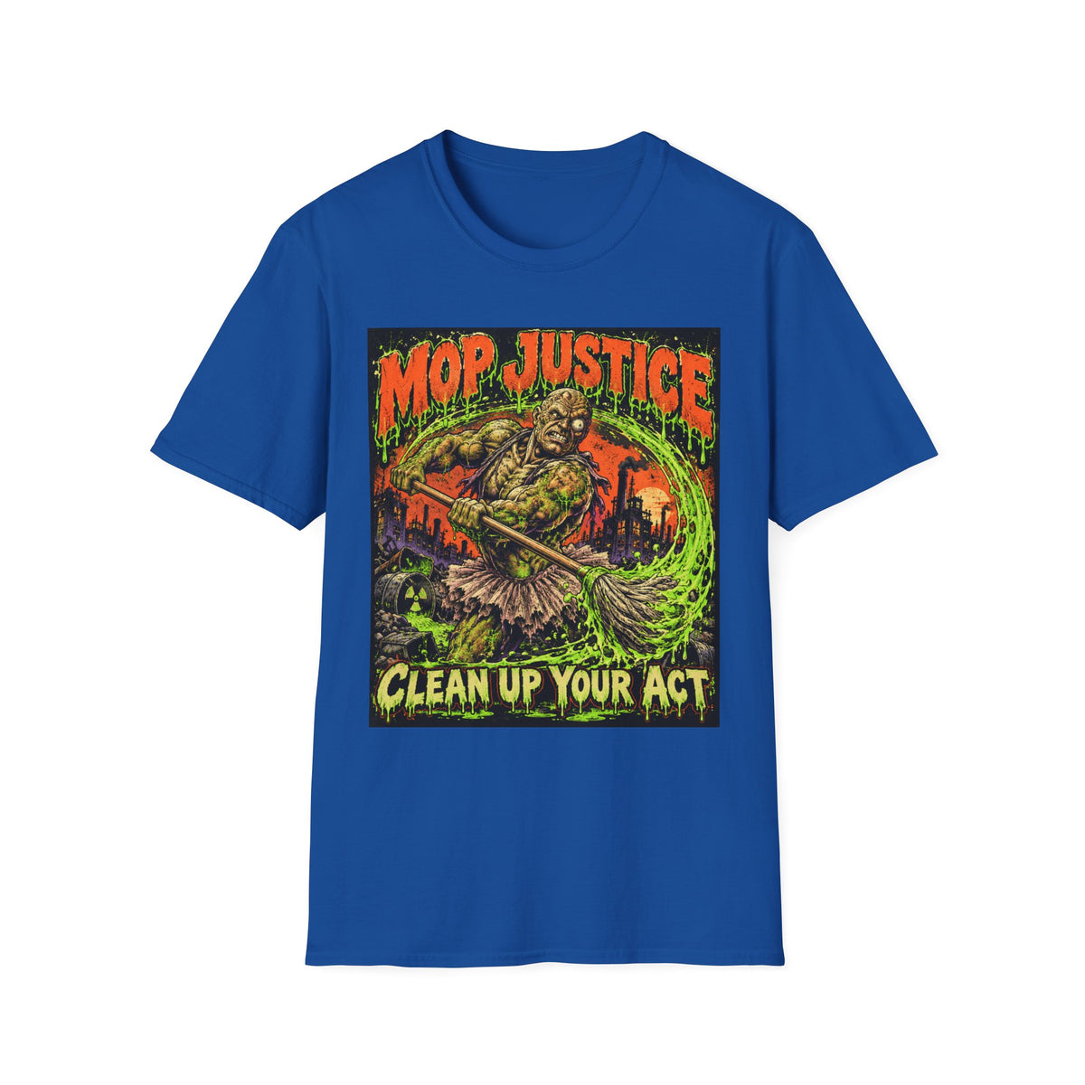 Mop Justice T-Shirt — Retro Horror Cleanup Graphic Tee ("Clean Up Your Act")