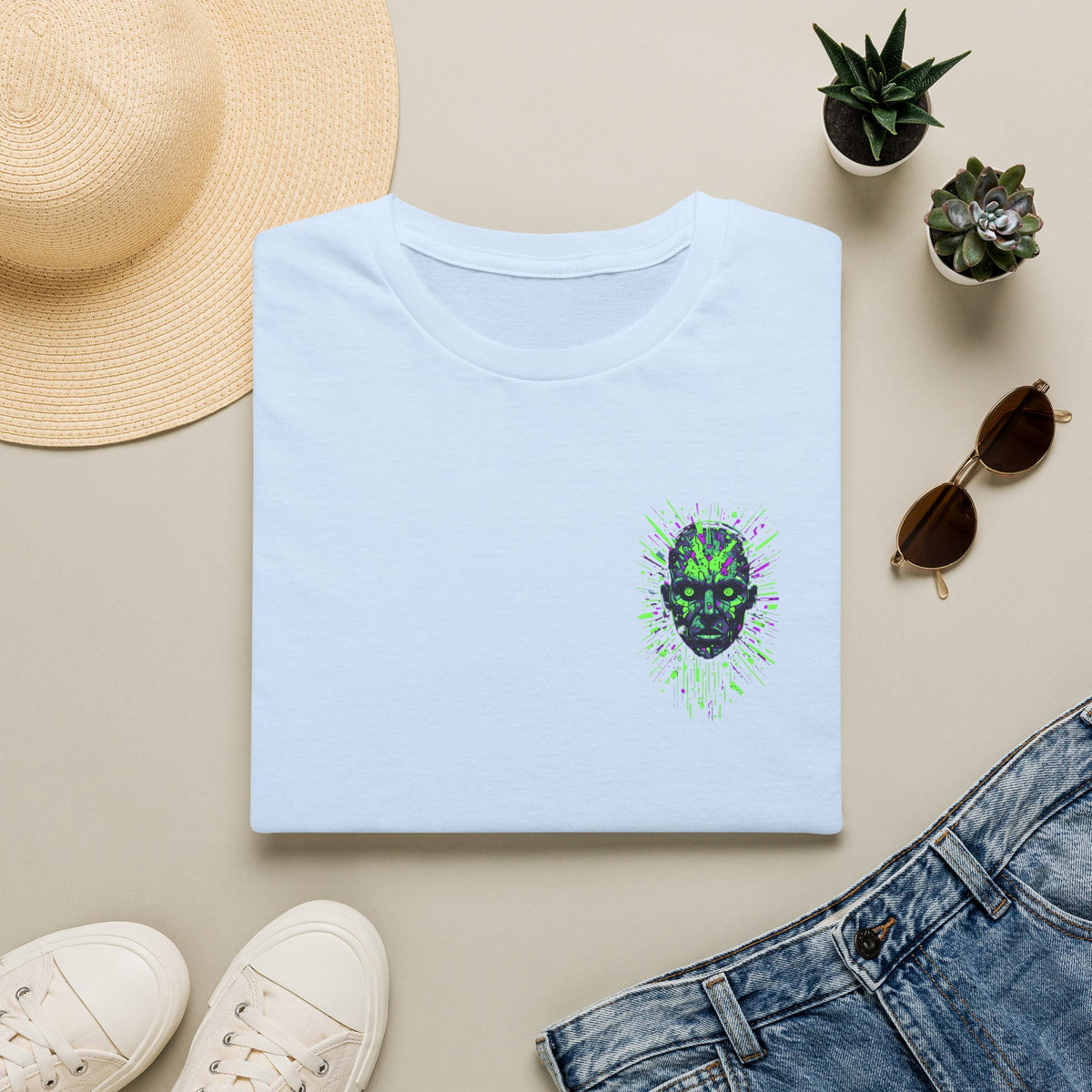 Neon Cyber Skull T-Shirt — Glowing Green Sci‑Fi Graphic Tee