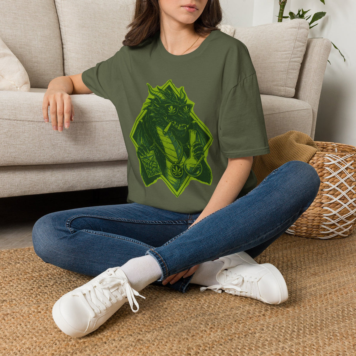 Dragon Lighter Graphic T-Shirt — Neon Green Dragon with Sunglasses