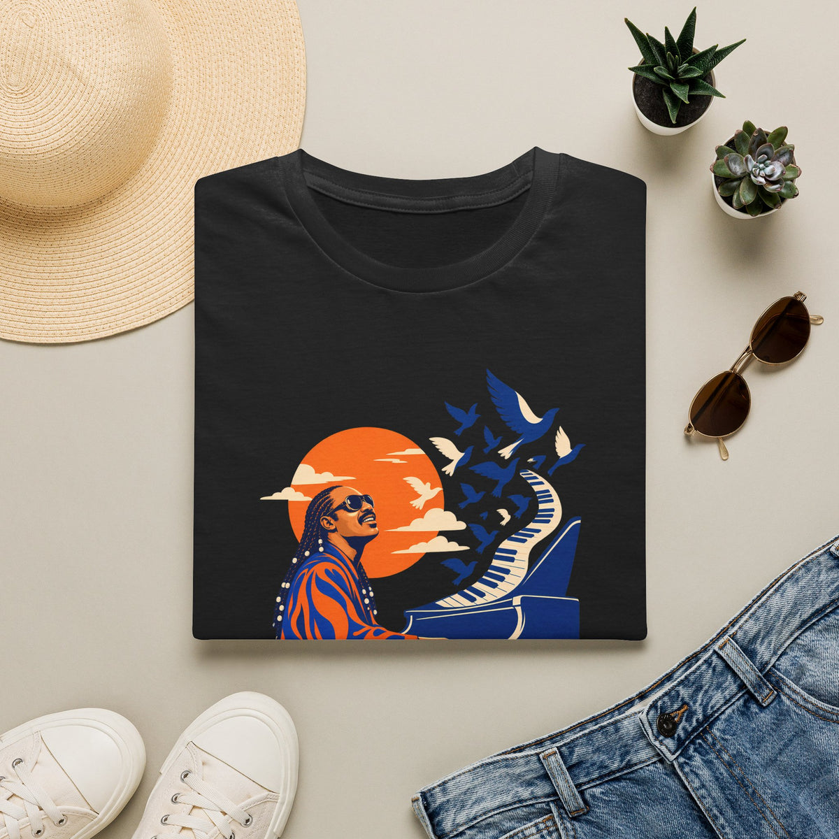 Stevie Wonder Piano Retro Tee - Vintage Sunset Music Legend T-Shirt