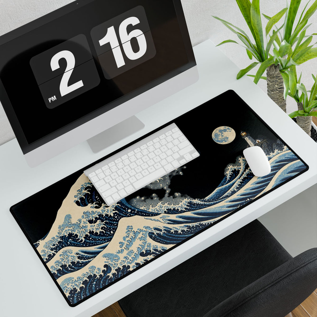 Mouse Mat | Great Wave & Moonlit Lighthouse | Japanese Coastal Art Desk Pad