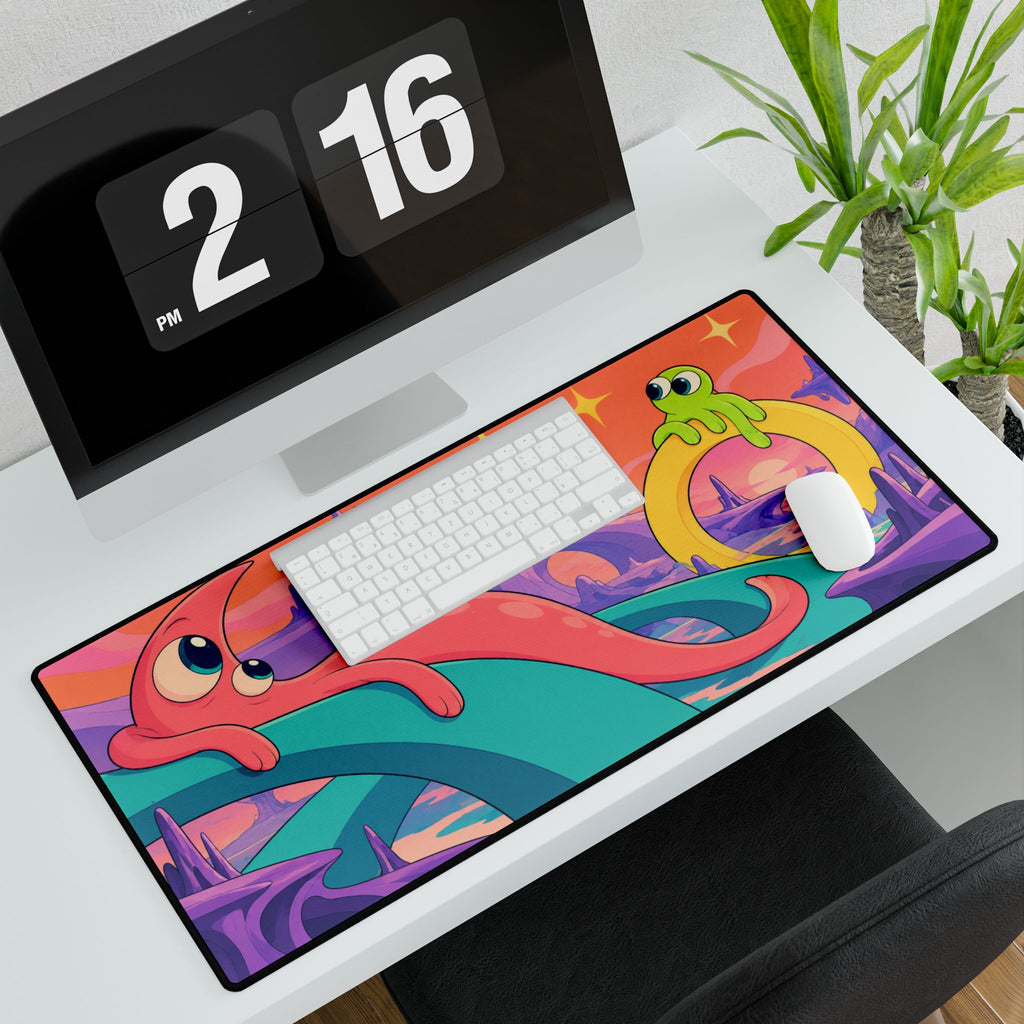 Surreal Alien Landscape Desk Mat | Colourful Cute Creatures Gaming Mouse Pad