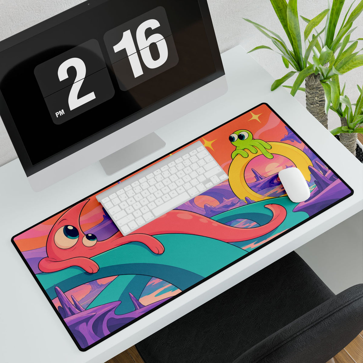 Surreal Alien Landscape Desk Mat | Colourful Cute Creatures Gaming Mouse Pad