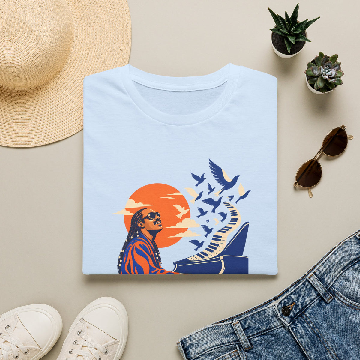 Stevie Wonder Piano Retro Tee - Vintage Sunset Music Legend T-Shirt