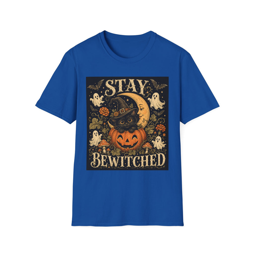Halloween 'Stay Bewitched' T‑Shirt — Vintage Moon, Black Cat & Pumpkin Design