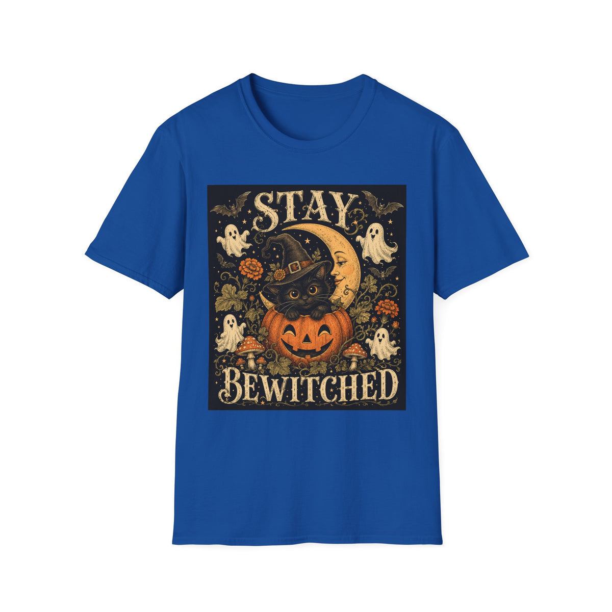Halloween 'Stay Bewitched' T‑Shirt — Vintage Moon, Black Cat & Pumpkin Design