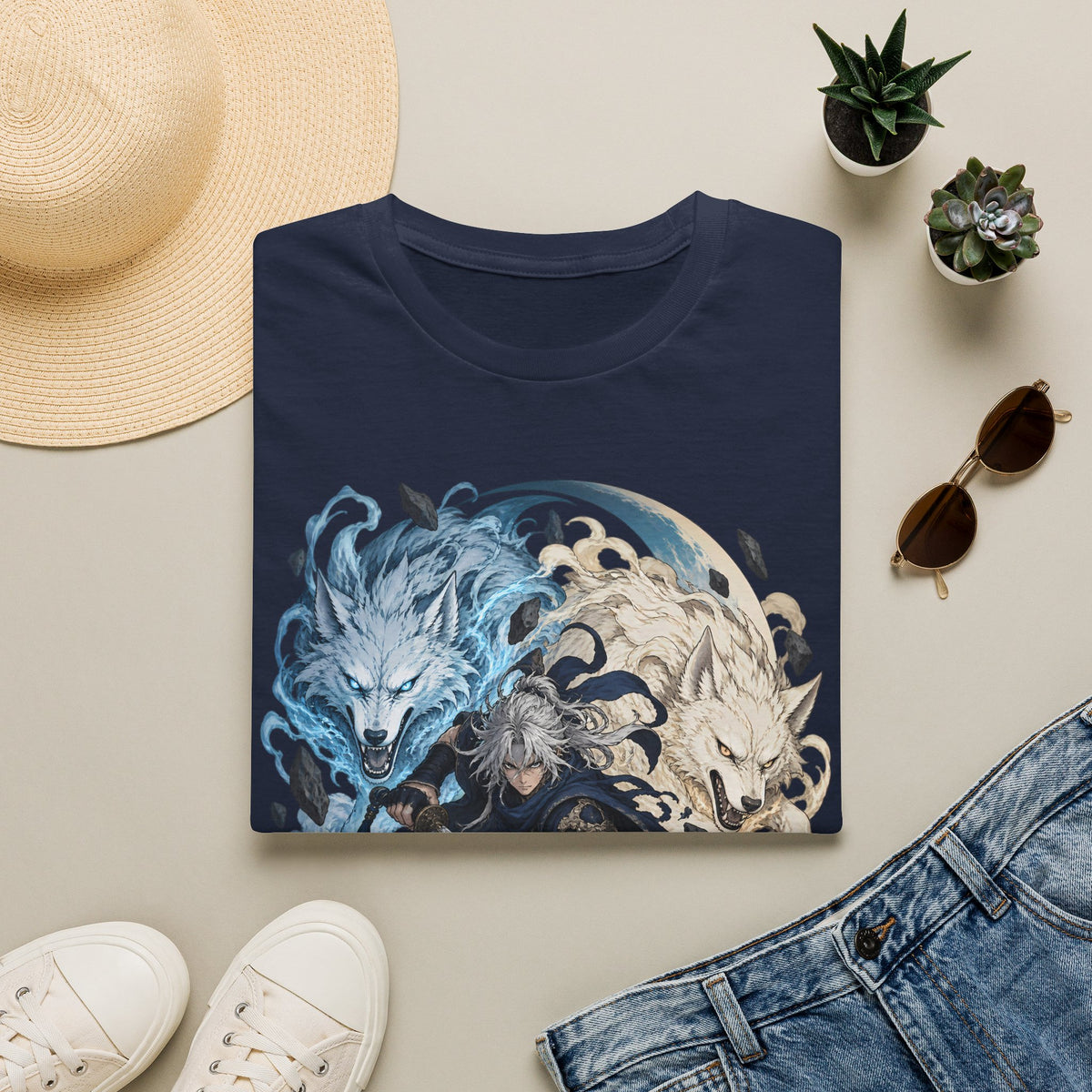 Wolf Spirit T-Shirt | Japanese Samurai | Yin Yang Blue & White Wolves Graphic Tee