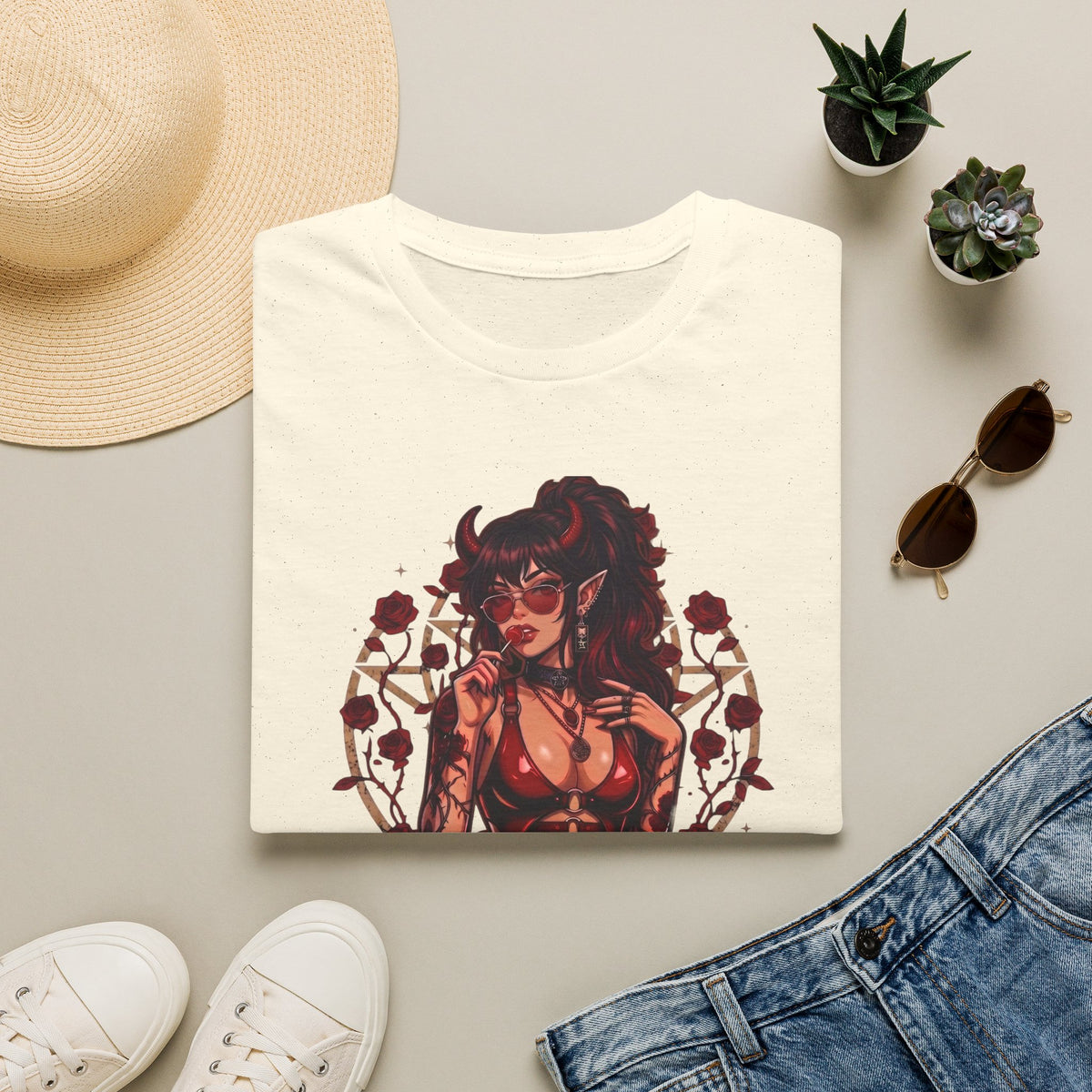 Sexy Succubus Tattoo Pin-Up Girl T Shirt - Rose Halo Graphic T-Shirt