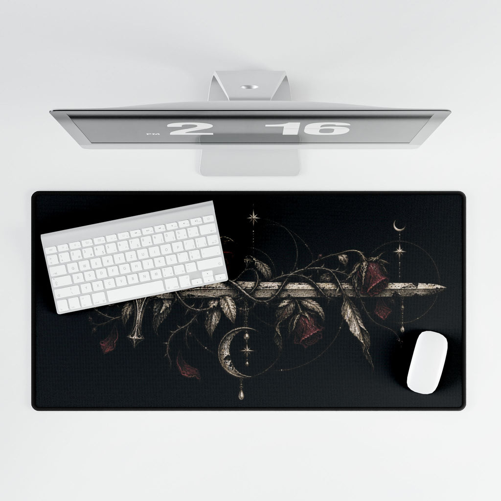 Mouse Mat | Gothic Sword & Thorn Roses | Dark Medieval Art Desk Pad