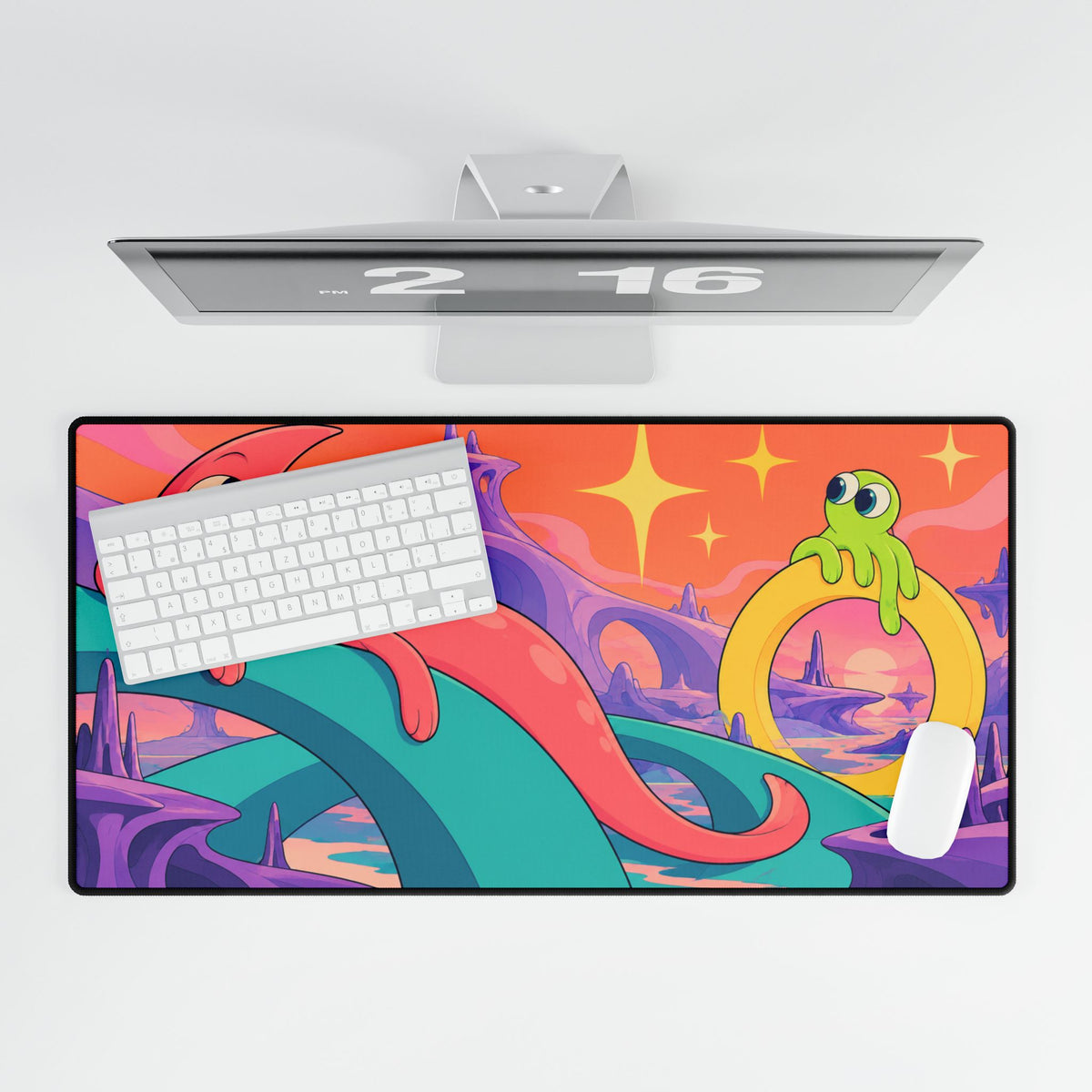 Surreal Alien Landscape Desk Mat | Colourful Cute Creatures Gaming Mouse Pad