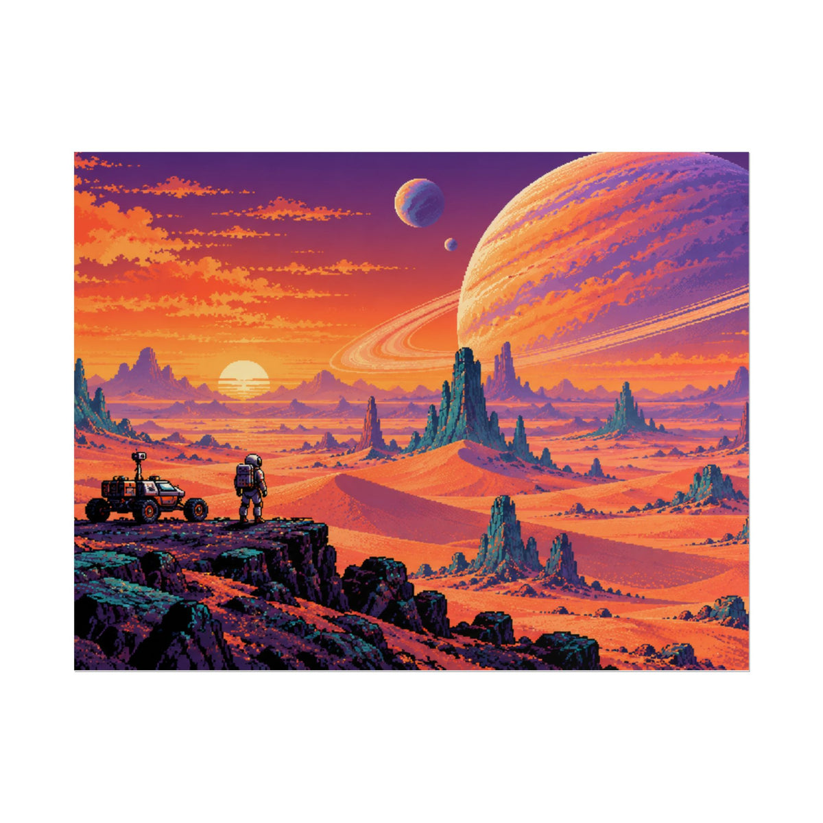 Retro Sci‑Fi Planet Landscape Poster — Vibrant Explorer Art Print (Rolled)